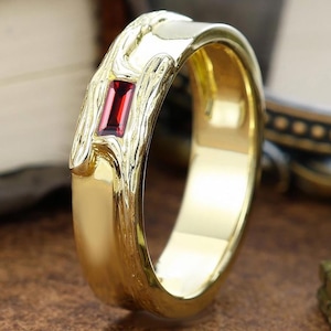 Art Deco Mens Ring, Baguette Garnet Wedding Gold Rings For Men and Women, Wedding Band Personalized Gift For Him
