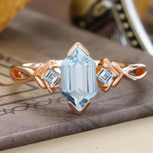 Vintage Long Hexagon Cut Aquamarine Engagement Ring,Anniversary Gift For Women,Womens Birthstone Ring,Solid Rose Gold, Custom Handmade Ring