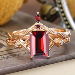 Custom Emerald cut red garnet engagement ring set Vintage Red Garnet Wedding ring women Solid Rose Gold wedding ring set gift, 2pcs