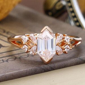 Art Deco Moissanite Engagement Ring, Long Hexagon Cut Ring, Unique Moissanite Cluster Ring, Solid Gold Wedding Promise Ring, Gift For Her