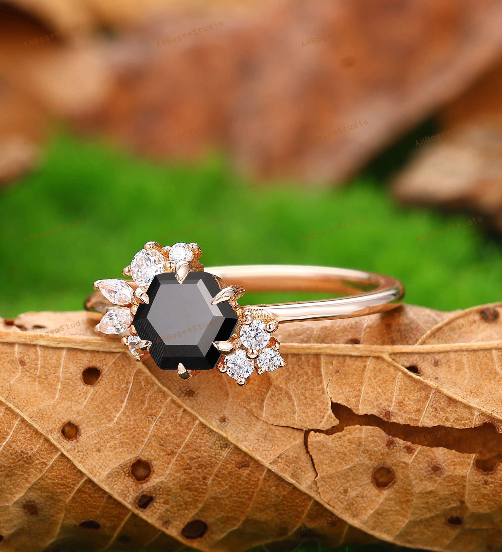 Dainty Black Agate Ring,hexagon Cut Natural Black Agate Engagement