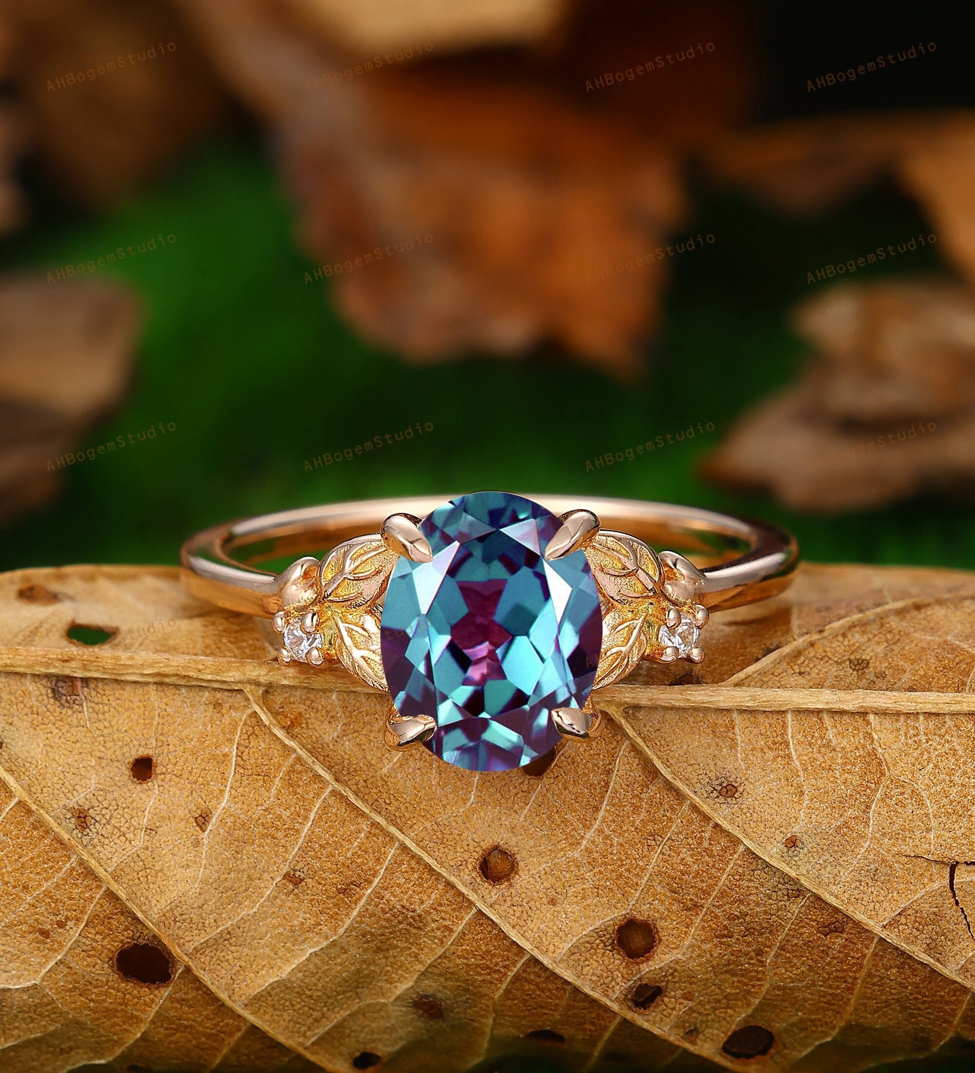 Vintage Alexandrite ring,Oval 6x8mm Alexandrite Engagement Ring,Color  Changing Gemstone Ring,Leaf Ring,Solid Rose Gold Ring,June Birthstone