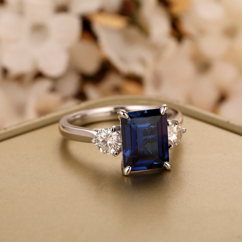 Vintage Ring7x9mm Emerald Cut Lab Created Sapphire Etsy