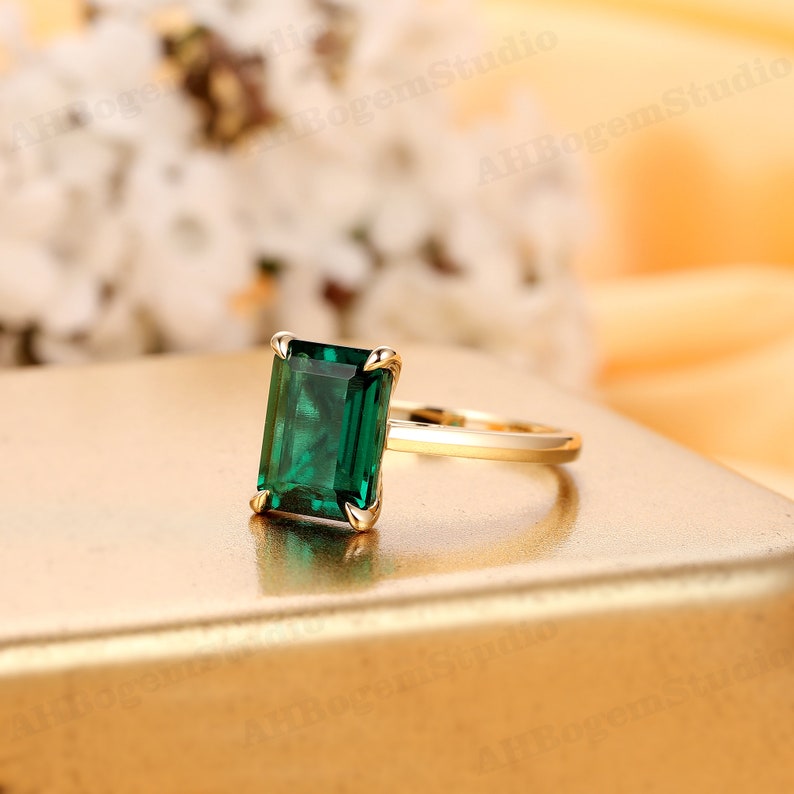 Retro Minimalist Style Ring,4CT Lab Created Emerald Engagement Ring,14k Plain Gold Band Ring,Solitaire Wedding Ring,Birthday Gift Ring image 3