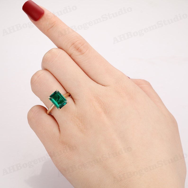 Retro Minimalist Style Ring,4CT Lab Created Emerald Engagement Ring,14k Plain Gold Band Ring,Solitaire Wedding Ring,Birthday Gift Ring image 6