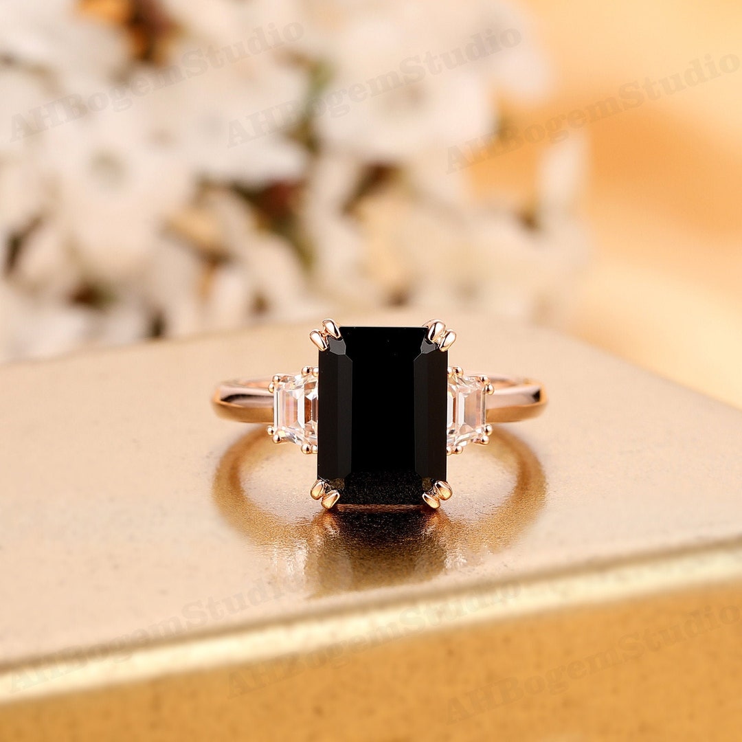 Silver Rose Gold Plated Ring,8x11mm Emerald Cut Black Onyx