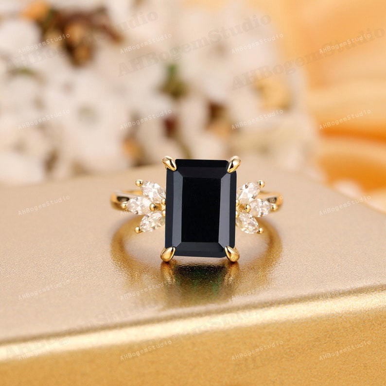 Black Onyx Engagement Ring 4ct Emerald Cut 14K Yellow Gold Engagement Ring Cluster Ring Moissanite Bridal Ring Promise Ring Anniversary Gift Black Onyx