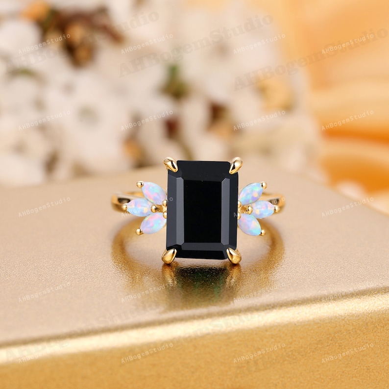 Black Onyx Engagement Ring 4ct Emerald Cut 14K Yellow Gold Engagement Ring Cluster Ring Moissanite Bridal Ring Promise Ring Anniversary Gift Black Onyx+Opal