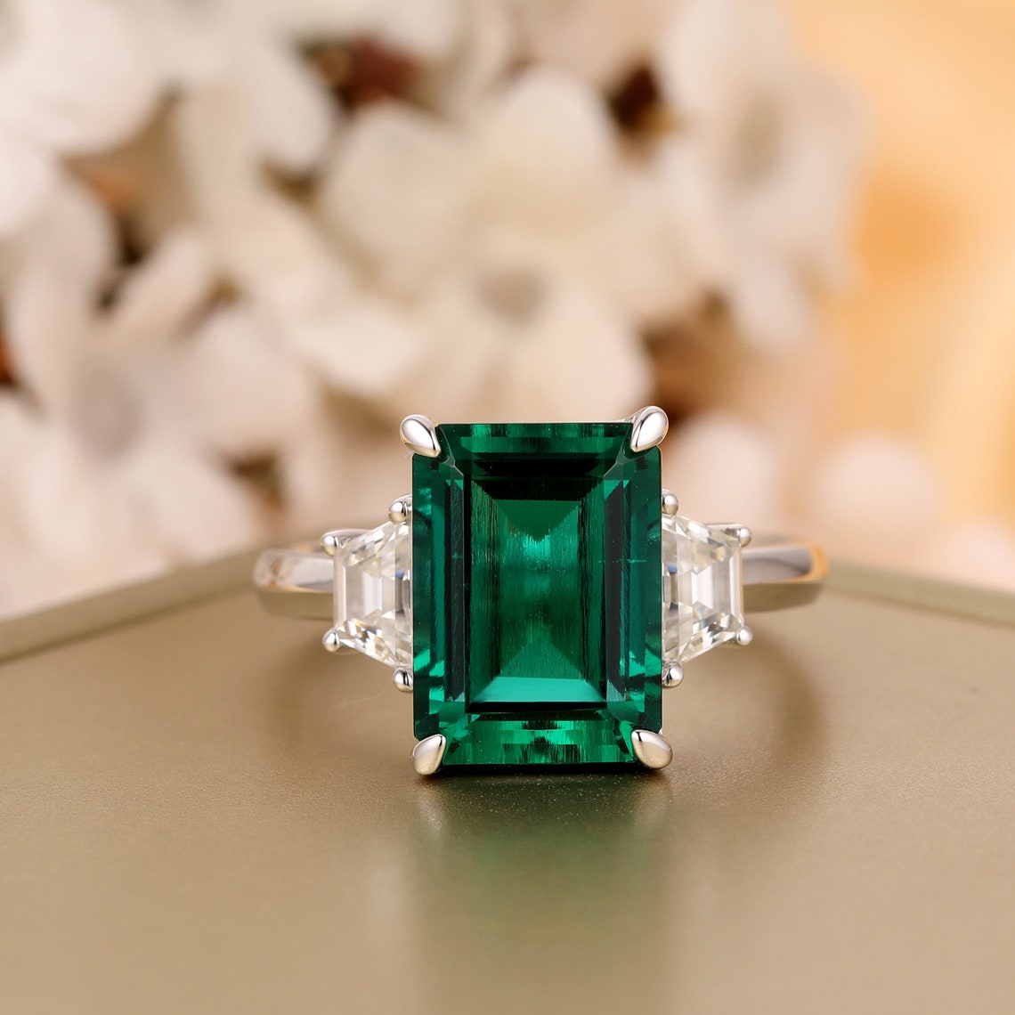 Solid 14K White Gold Brilliant 3.55CT Lab Created Emerald image 1