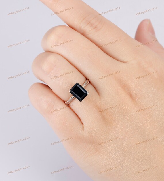 CTHY RING [BLACK AGATE]　19号 Custom Black Agate Ring,7x9mm Emerald Cut Black Agate Wedding