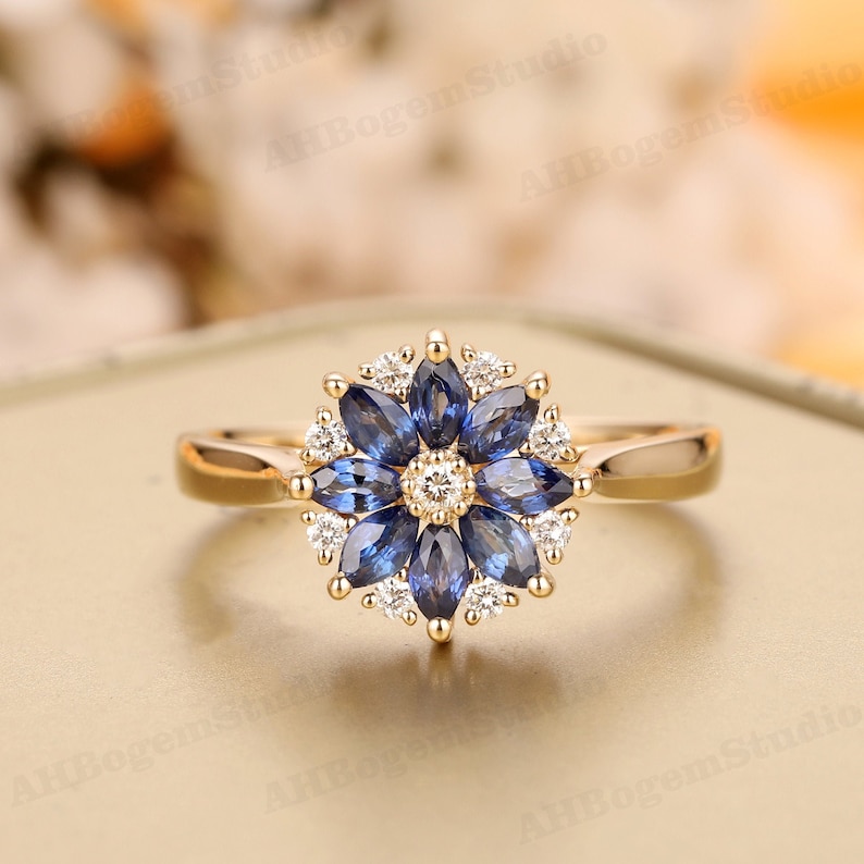 Natural 0.945CTW Blue Sapphire 14K Solid Gold Female Ring,Diaomonds Accents Engagement Ring,Anniversary Ring,Ring for Women,Flower Design image 1