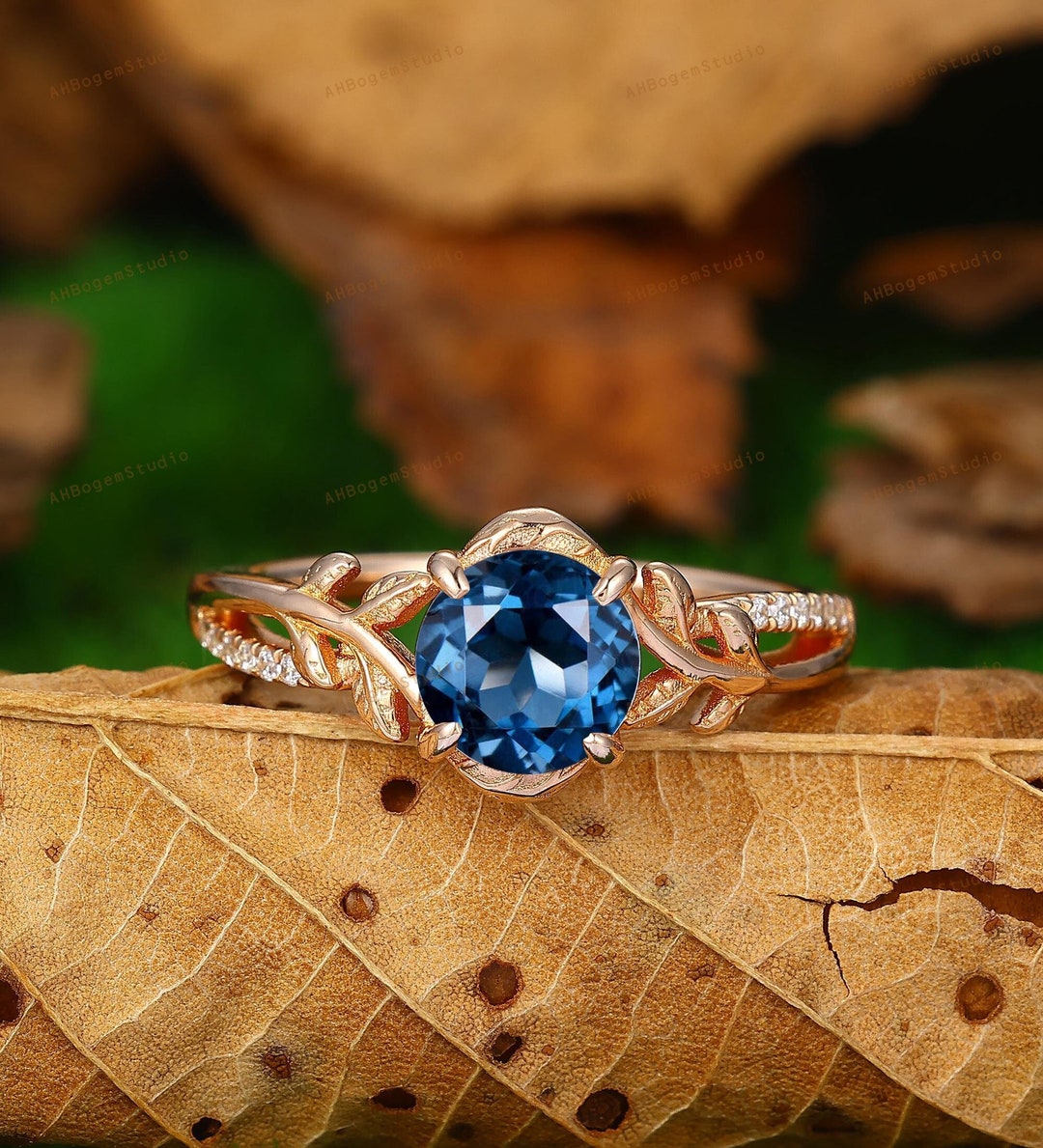 Art Deco Ring,7mm Round Cut Natural London Blue Topaz Engagement Ring ...