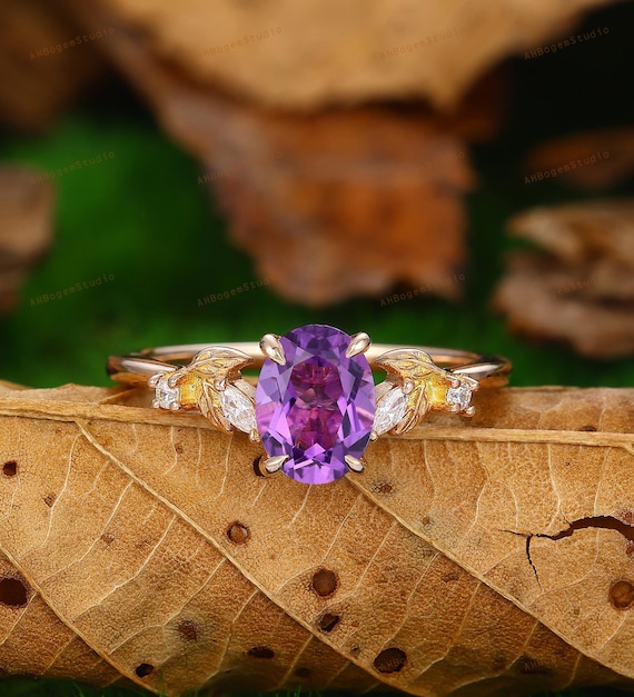 Art Deco Ring,oval Cut Natural Amethyst Engagement Ring,leaf