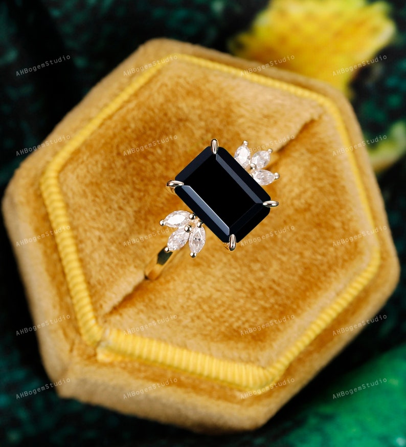 Black Onyx Engagement Ring 4ct Emerald Cut 14K Yellow Gold Engagement Ring Cluster Ring Moissanite Bridal Ring Promise Ring Anniversary Gift image 1