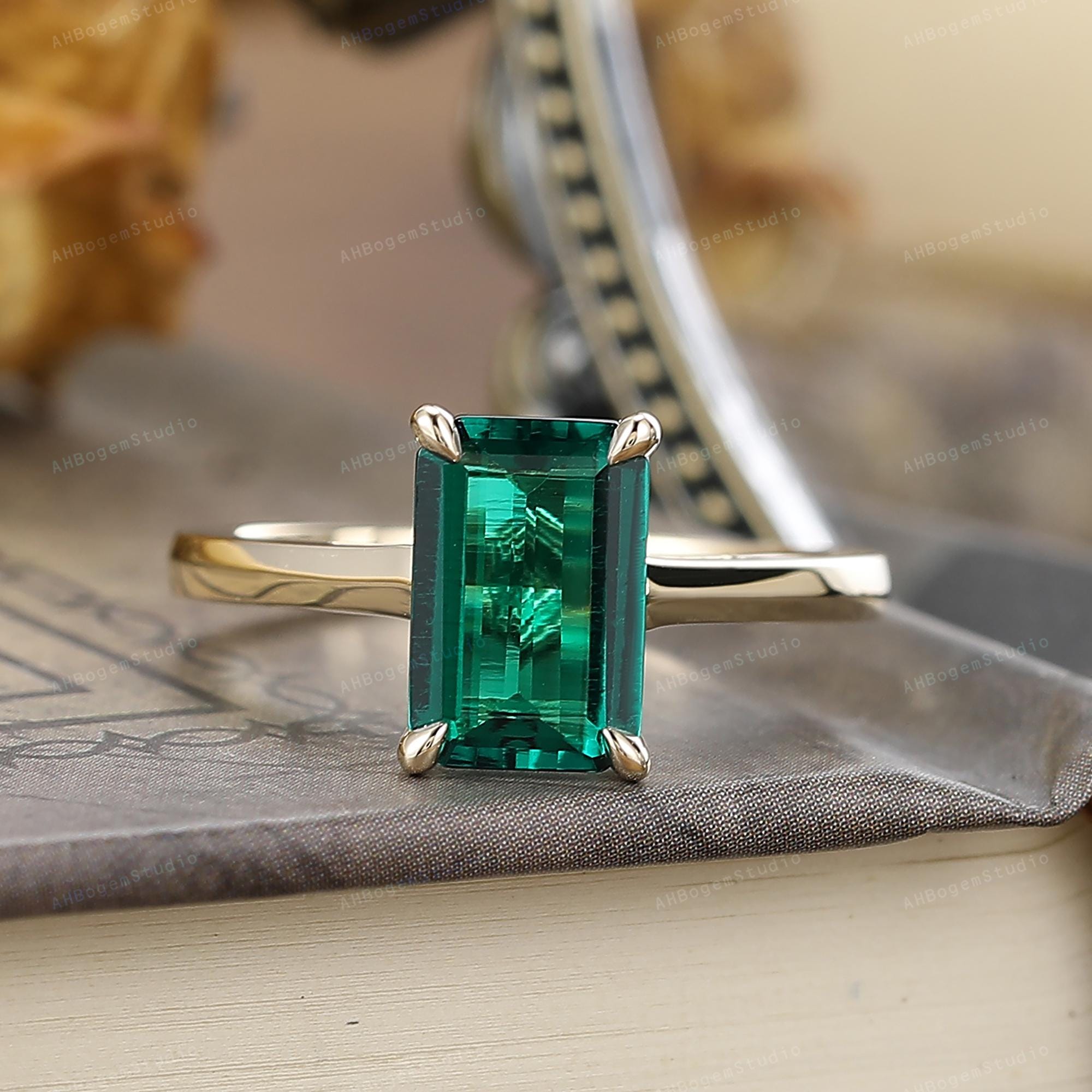 Solitaire Gemstone Ring,4CT Lab Created Emerald Engagement Ring,Minimalist Style Anniversary Promise Ring,14K Gold Plain Band Ring
