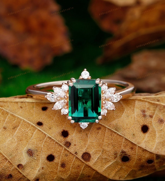 Art Deco Emerald Engagement Ring Vintage Green Emerald Engagement