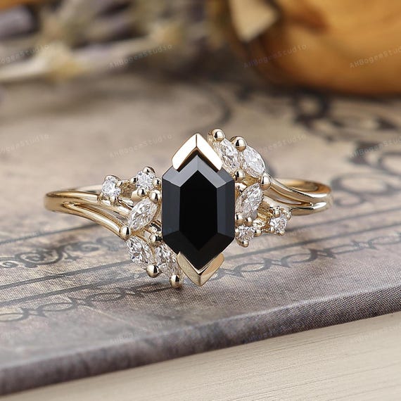 Black Agate Ring,long Hexagon Cut 5x9mm Natural Black Agate
