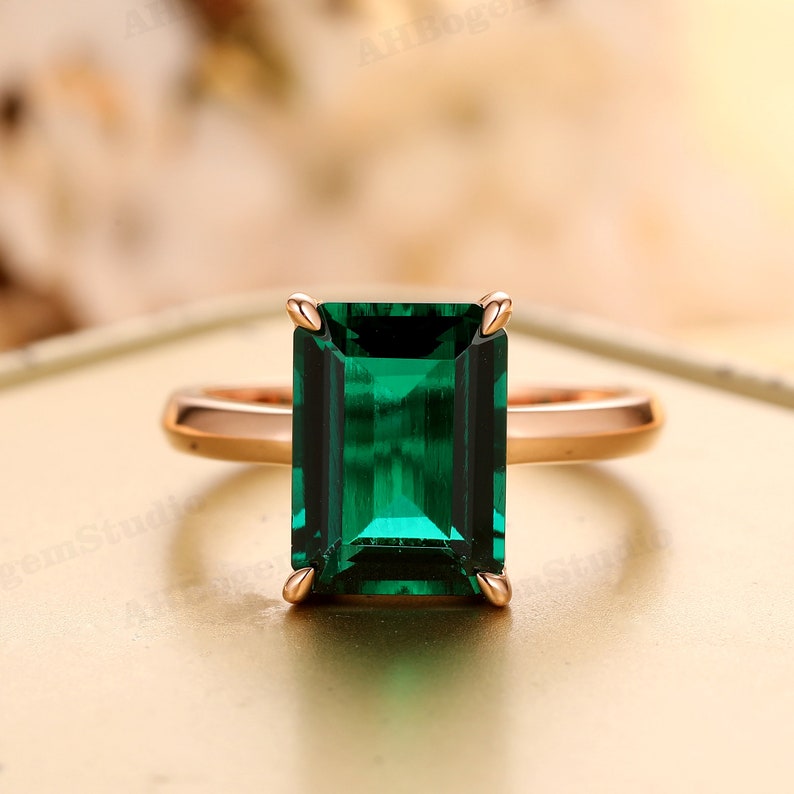 Solitaire Ring,Solid 14K Gold Brilliant 8x11mm Lab Created Emerald Center Engagement Ring,Minimalist Style Anniversary Ring,Promise Ring image 3