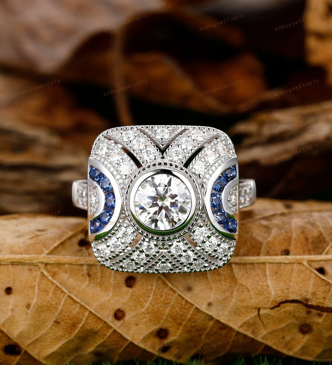 Buy Art Deco Style 0.8CT Round Cut F Color Moissanite Center