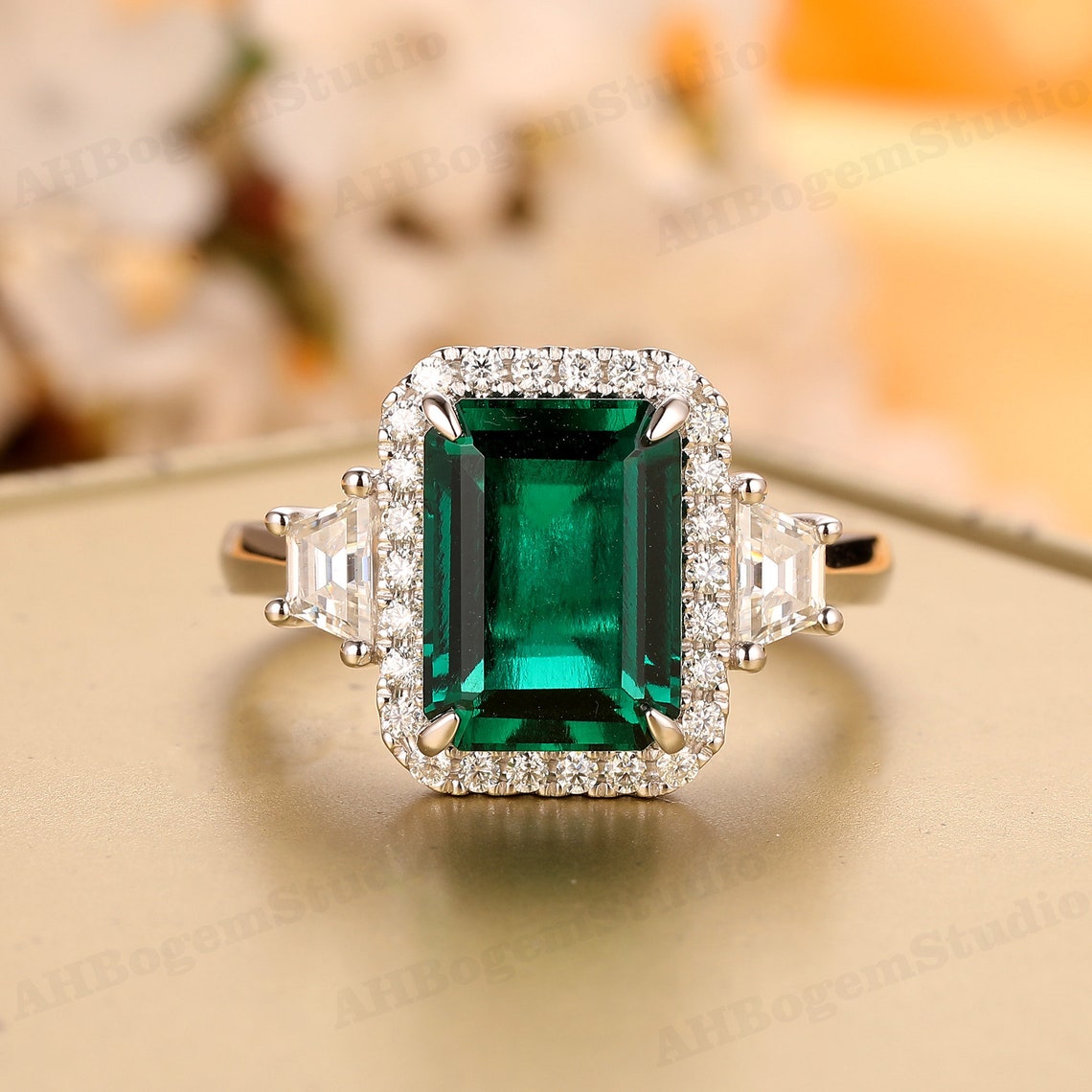 Vintage Emerald RingSolid 14K White Gold Brilliant 3.55CT Lab image 1