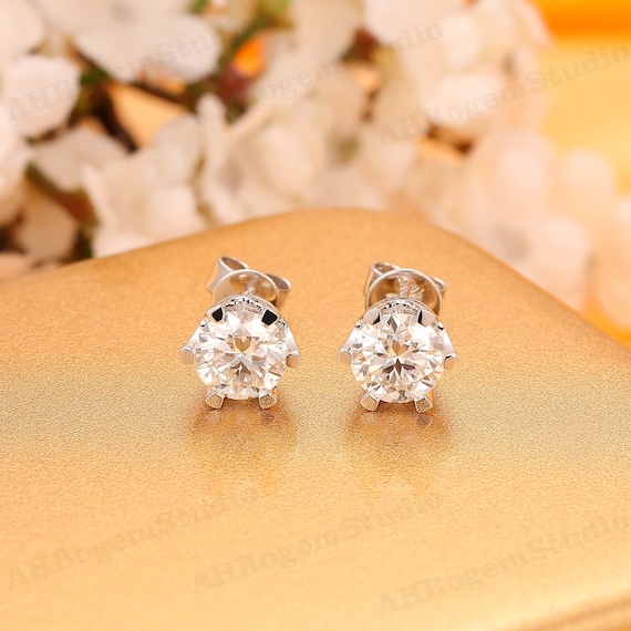 Prongs 6.5mm Round Cut F Color Moissanite 14k Solid White Gold Female Earrings 6 prongs Moissanite Earrings Anniversary Gift Etsy