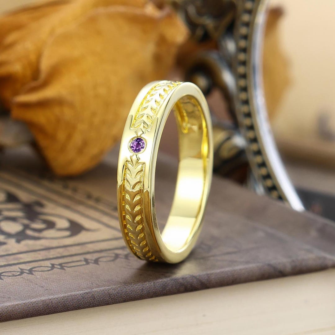 Amethyst Mens Wedding Band february Birthstone Ring solid Gold Mens