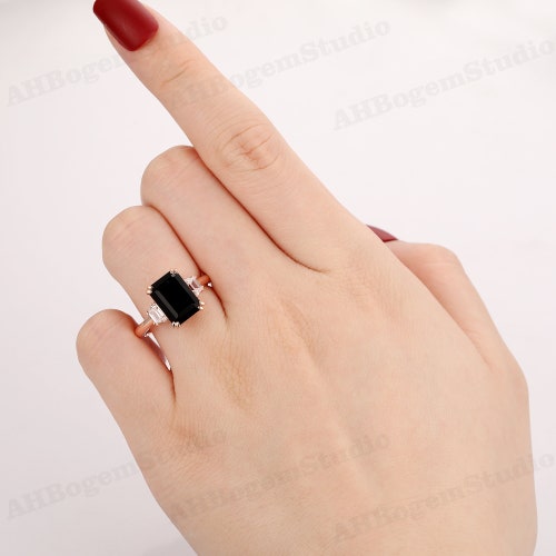 Silver Rose Gold Plated Ring,8x11mm Emerald Cut Black shops Onyx Engagement Female Ring,Vintage Anniversary Ring,Gemstone Ring,Double Prongs Ring