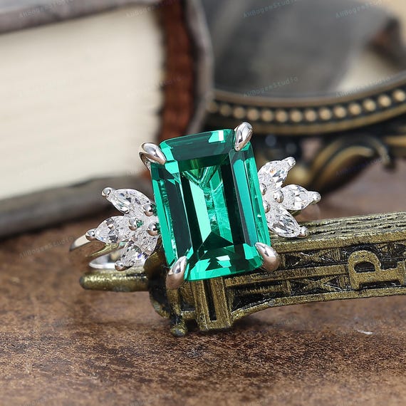 4ct Emerald Engagement Ring Emerald Cut Solid 14K Gold Engagement Ring Cluster Ring Moissanite Bridal Ring Promise Ring Anniversary Gift