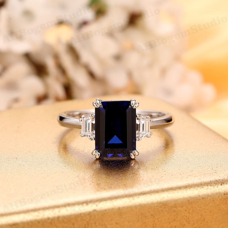 Blue Gem Ring,8x11mm Emerald Cut Sapphire Engagement Ring,Anniversary Gift For Women,3 Stone Style Wedding Ring,White Gold Birthstone Ring image 5