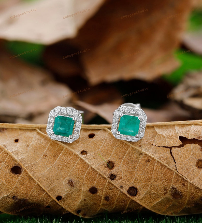 Orecchini da donna in oro massiccio 14 carati con smeraldo naturale taglio quadrato da 0,44 carati, con design a alone e gemme verdi, regalo per anniversario