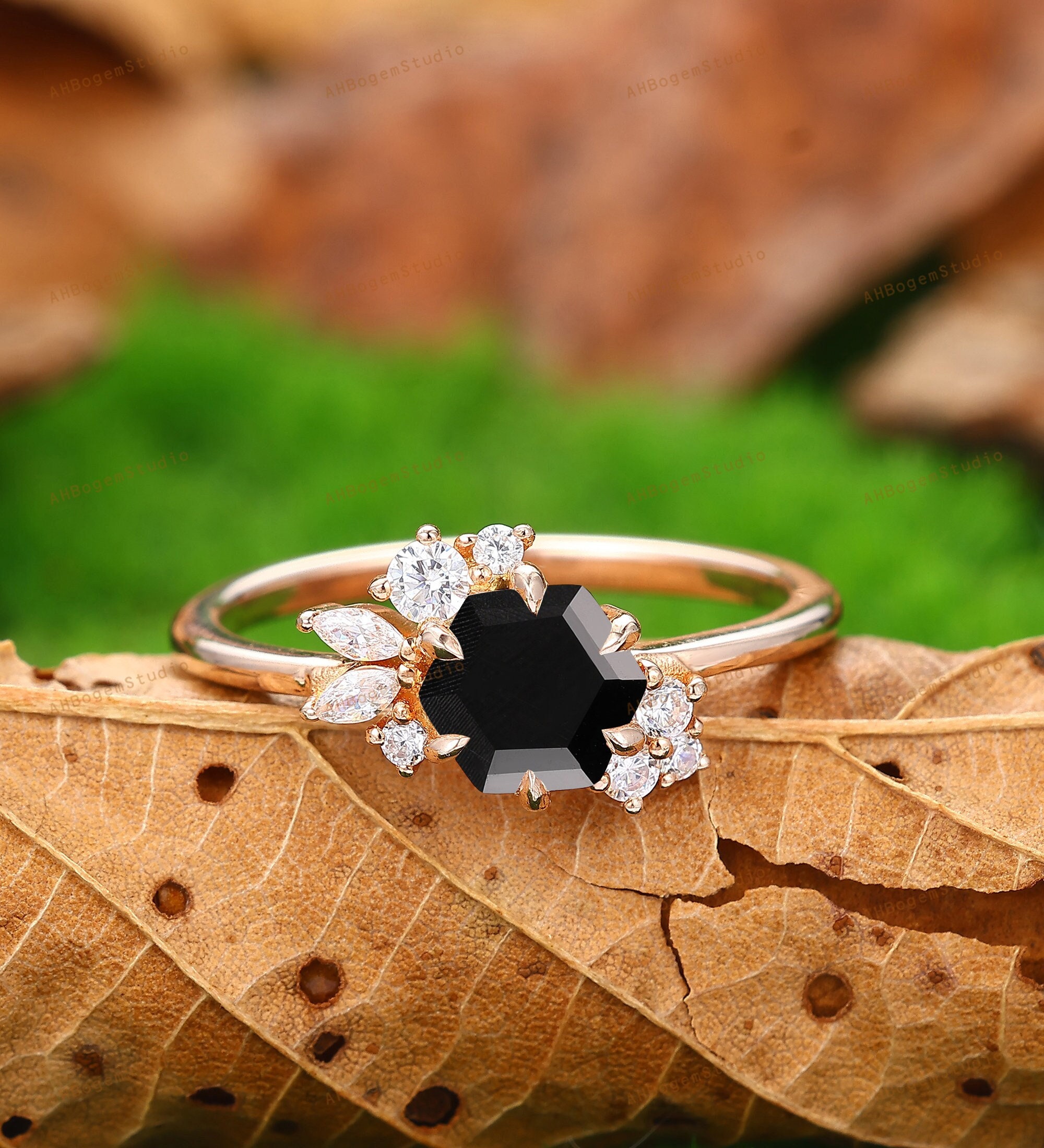 Dainty Black Agate Ring,hexagon Cut Natural Black Agate Engagement