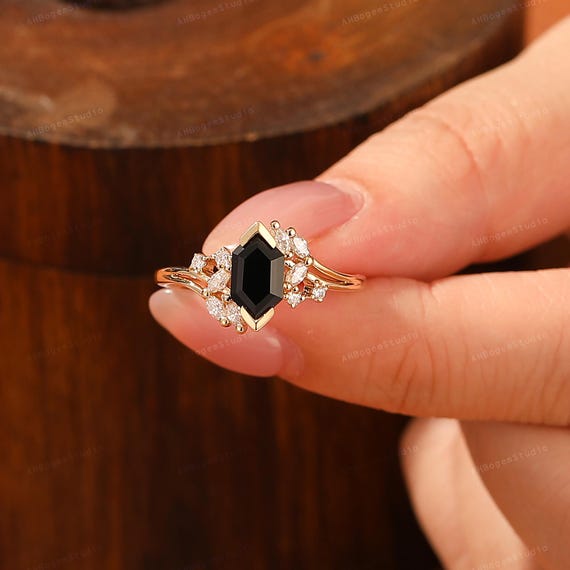 Black Agate Ring,long Hexagon Cut 5x9mm Natural Black Agate