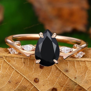 Pear Cut Black Agate Womens Ring Womens Engagement Promise Ring Natural inspired ring Handmade Black Gem Ring Gift For Women