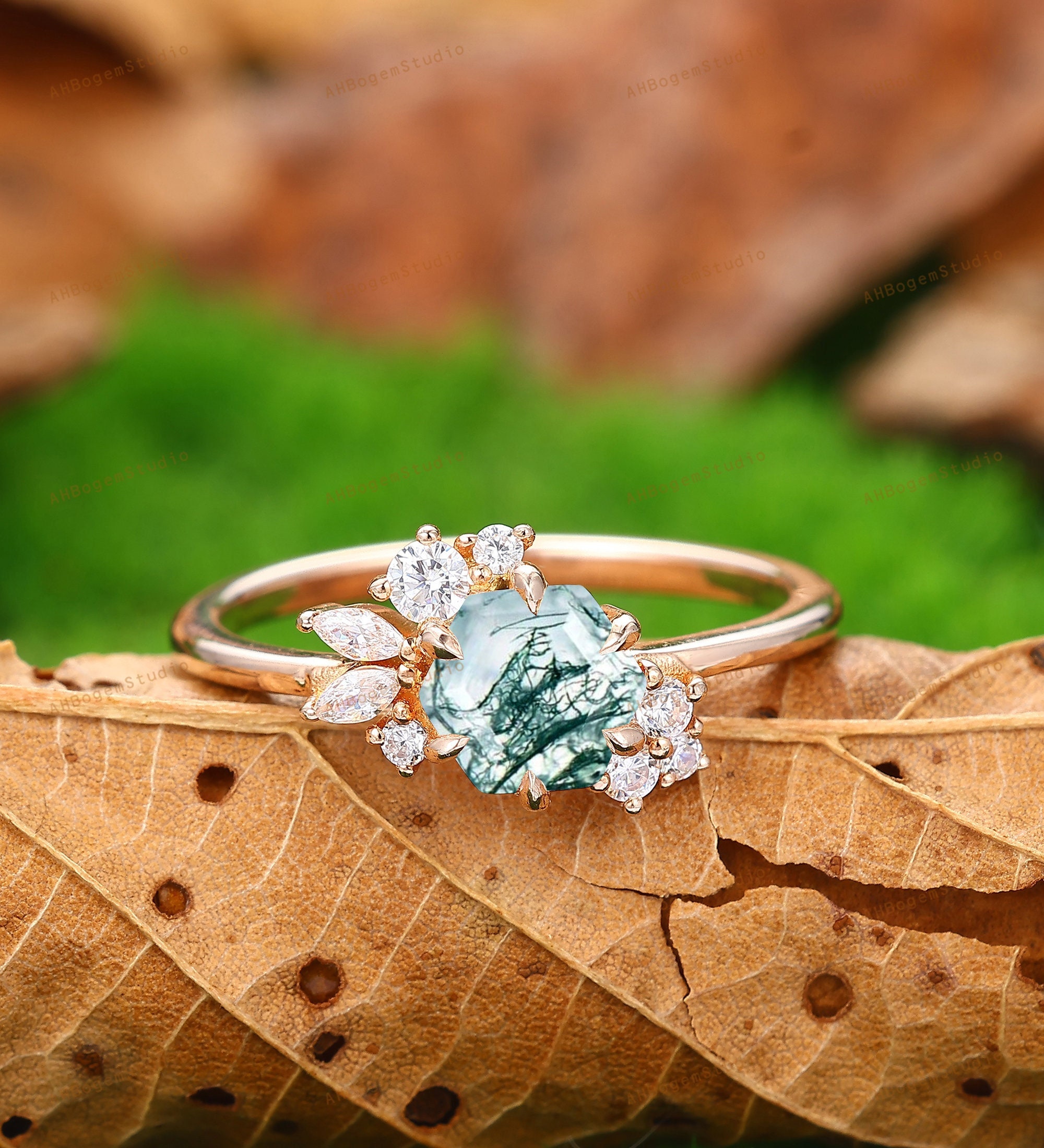 Ring Agate Moss - Natural ring Cut Engagement Gold Kite Rose moss 