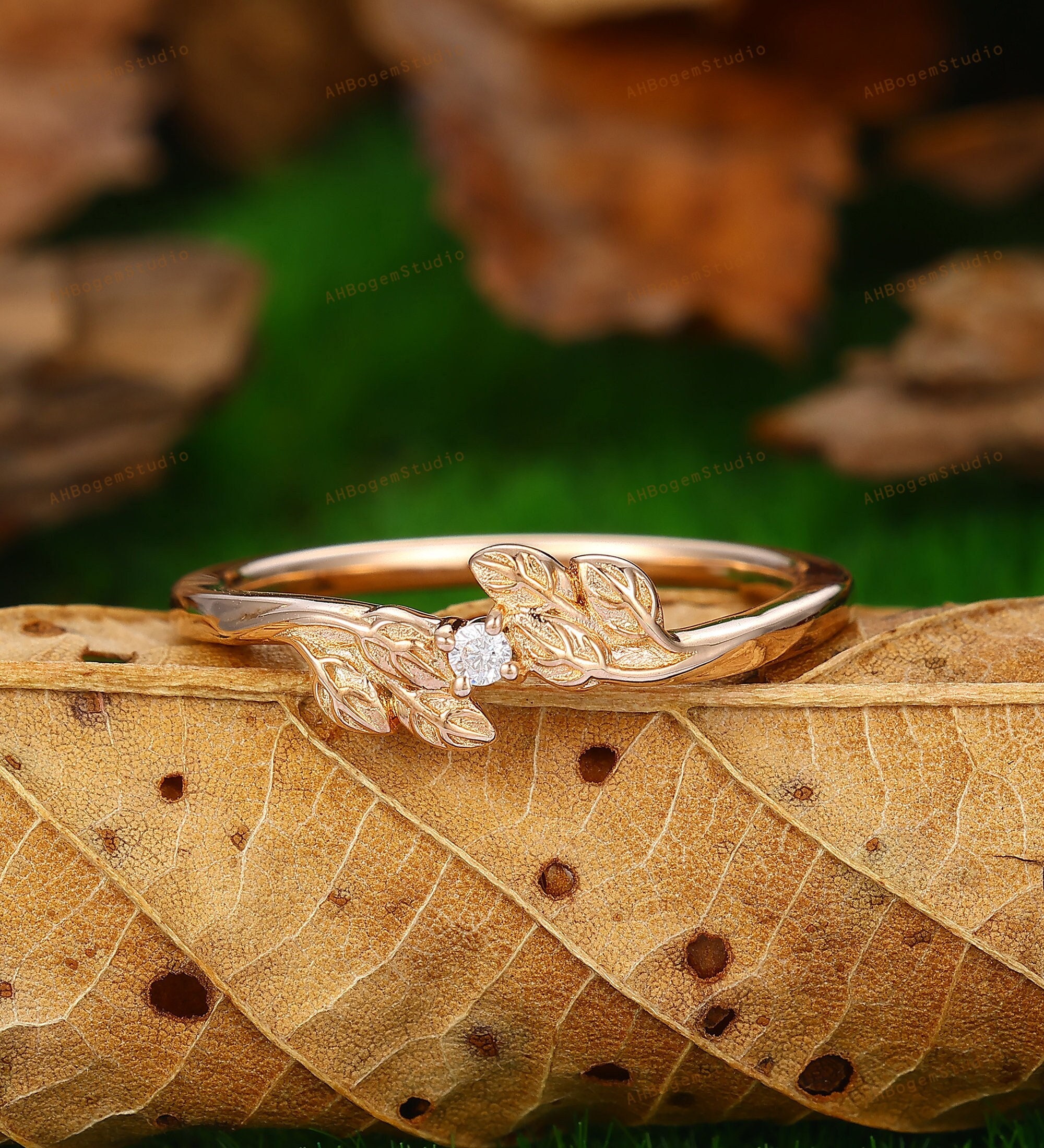 Art Deco Leaf Wedding Band Women Unique Moissanite Vine Ring Stack