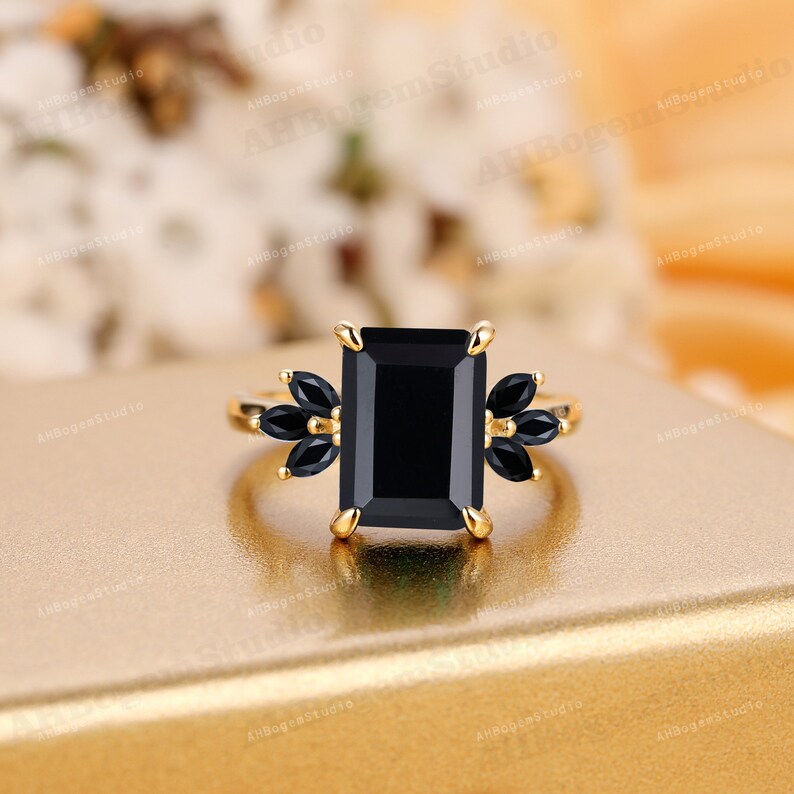 Black Onyx Engagement Ring 4ct Emerald Cut 14K Yellow Gold Engagement Ring Cluster Ring Moissanite Bridal Ring Promise Ring Anniversary Gift BlackOnyx+B Spinel