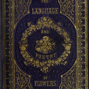 May include: A vintage book cover with a gold and blue design. The title is "The Language and Poetry of Flowers".