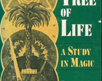May include: A green book cover with a yellow illustration of a tree of life, a triangle, and a circle. The title of the book is "The Tree of Life" and the subtitle is "A Study in Magic". The author is Israel Regardie.