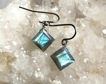 labradorite square cut drop earrings with hypoallergenic hooks