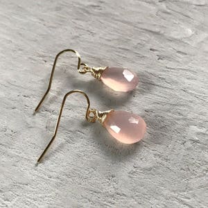 pink chalcedony hypoallergenic gold drop earrings