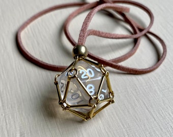 removable d20 dice cage necklace with vegan leather