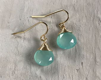 aqua chalcedony hypoallergenic gold drop earrings