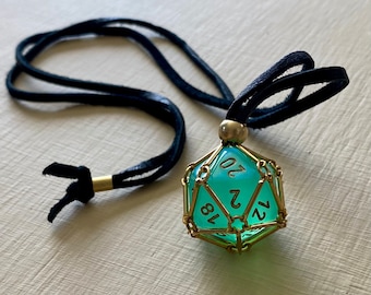 removable dice cage necklace d20 jail pendant solid brass and deerskin leather