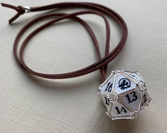 MTG spindown dice cage necklace silver with vegan leather cord