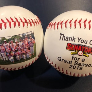 Personalized baseball with print on the front and back sides using your photos, text, and graphics.