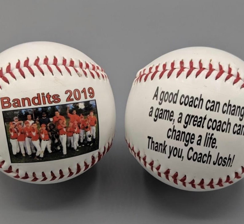 Personalized baseball with print on the front and back sides using your photos, text, and graphics.
