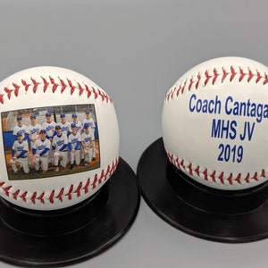 Personalized baseball with print on the front and back sides using your photos, text, and graphics.