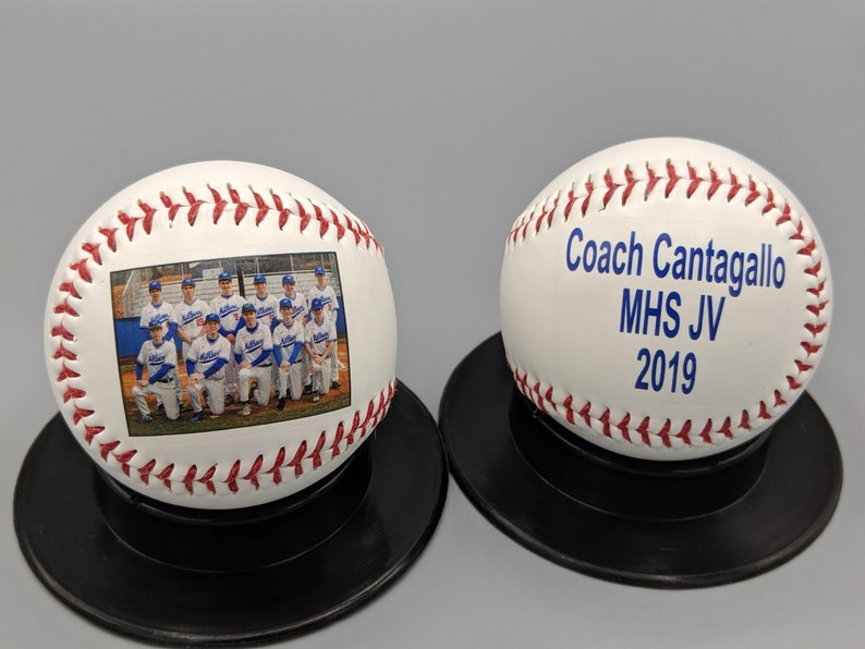 Personalized baseball with print on the front and back sides using your photos, text, and graphics.