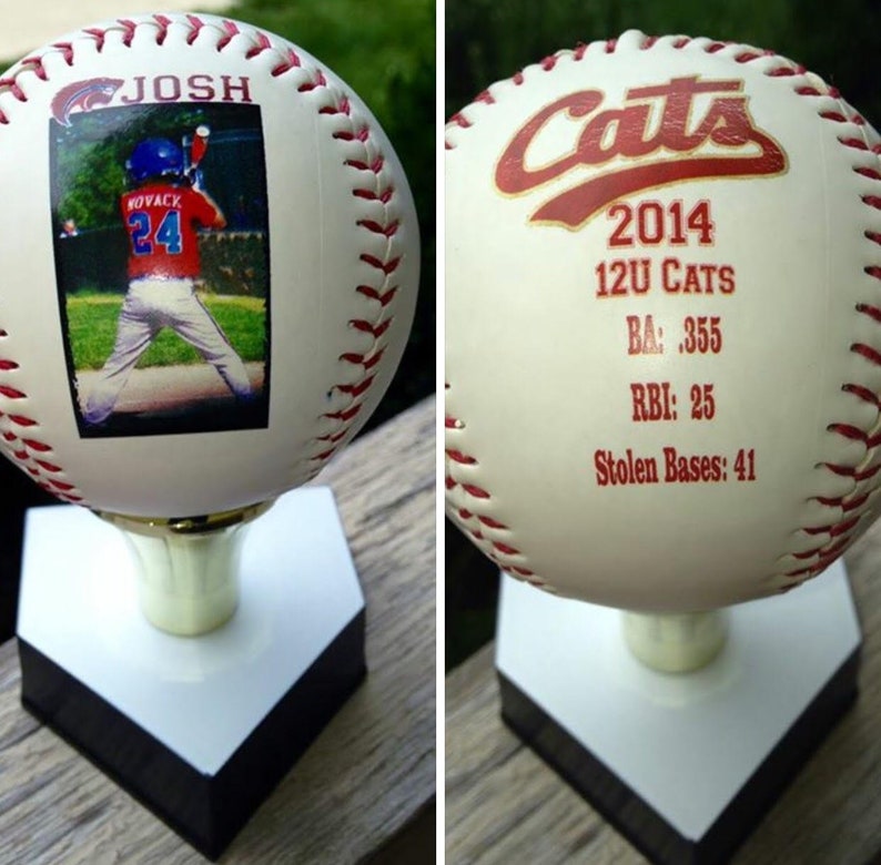 Personalized baseball with print on the front and back sides using your photos, text, and graphics.