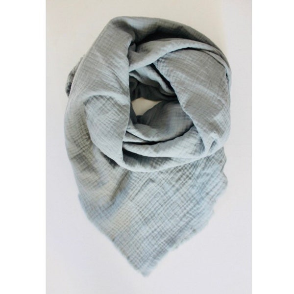 Echarpe, chèche, foulard en triple gaze gris bleu 100% coton pour adultes